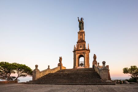 Lookout and statue of Jesus Christ near hill with Sant Salvador church, Felanitx, Mallorcaの写真素材