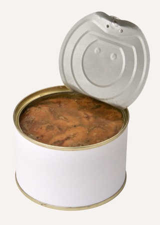 open tin can with pieces of fish in oil, isolated on whiteの写真素材