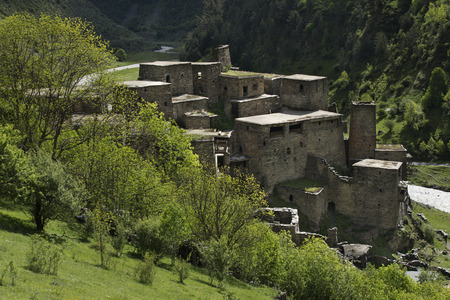 Ancient fort Shatili in mountains of Georgia, Caucasus.の写真素材