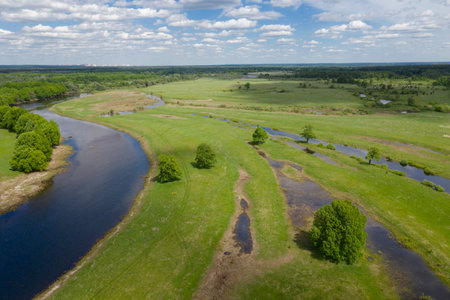 Aerial view of winding river bed with ducts. Flying above swampy plain.
