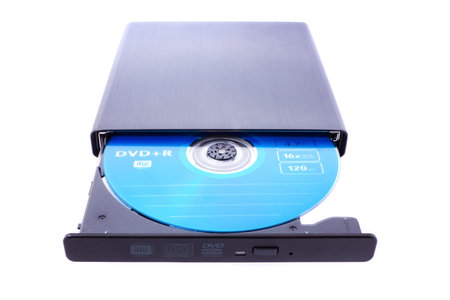 close up shot of dvd-rom isolated on whiteの写真素材