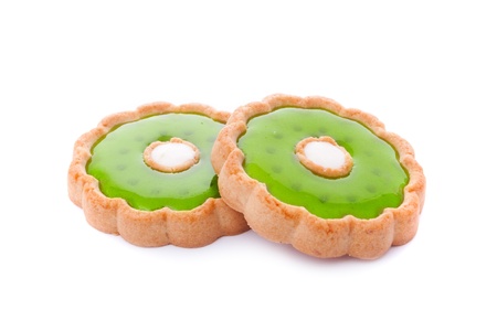 close up shot of green cookie isolated on white の写真素材