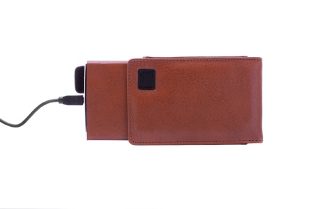 close up shot of brown external hdd in leather caseの写真素材