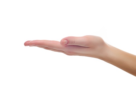 close up shot of female hand holding or showing something with white copyspace isolated on whiteの写真素材