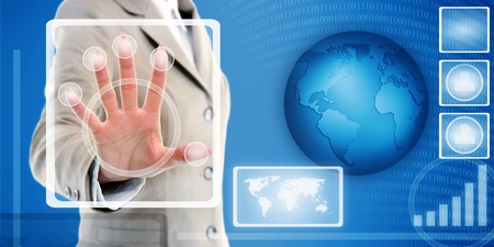 female hand in suit touching fingerprint scanner on virtual interface of identification system の写真素材