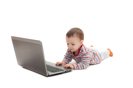 child push button on the laptop isolated on white backgroundの写真素材
