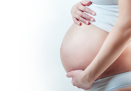 female pregnant belly isolated on whiteの写真素材