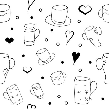 Vector background. Seamless pattern with cups, mugs of tea, coffee, cocoa.のイラスト素材
