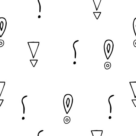 Exclamation mark seamless pattern on white background. Hand drawn vector elements.Vector sketch question marks backgroundのイラスト素材