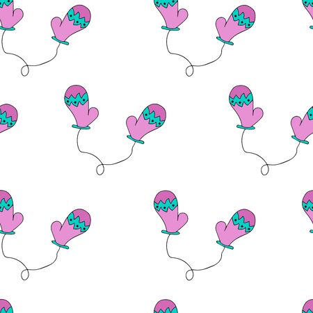 Cute winter Christmas seamless pattern with hand drawn mittens. New Year holiday kids texture for textile, wrapping paper, wallpaper, new year decorのイラスト素材