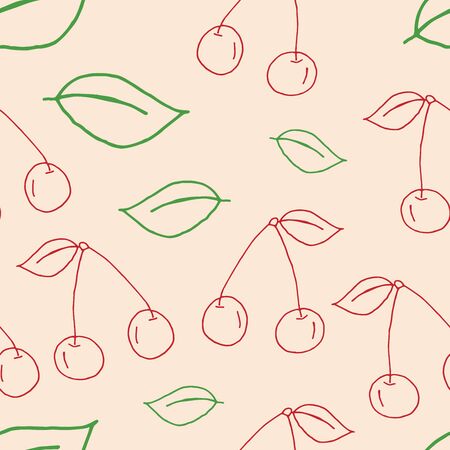 Hand drawn cherry seamless pattern background wallpaper. Cute seamless pattern with cherries. Vector seamless pattern with food. cherry fruit with leaves background illustration.のイラスト素材