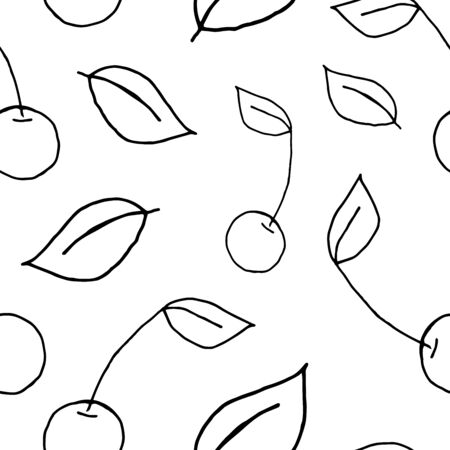 Hand drawn cherry seamless pattern background wallpaper. Cute seamless pattern with cherries. Vector seamless pattern with food. cherry fruit with leaves background illustration.のイラスト素材