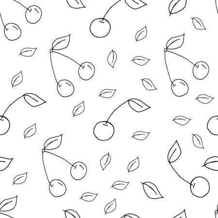 Hand drawn cherry seamless pattern background wallpaper. Cute seamless pattern with cherries. Vector seamless pattern with food. cherry fruit with leaves background illustration.のイラスト素材