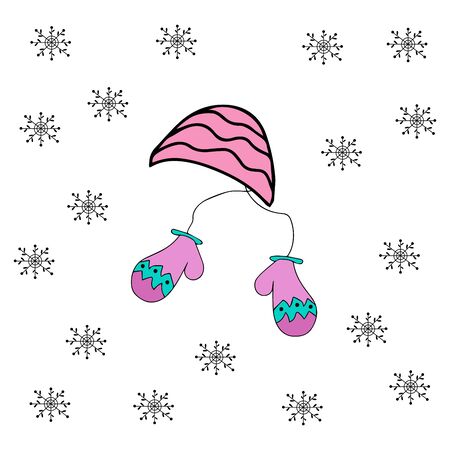 Vector with Warm winter hat and mittens in doodle style. Vector hand drawn illustration.のイラスト素材