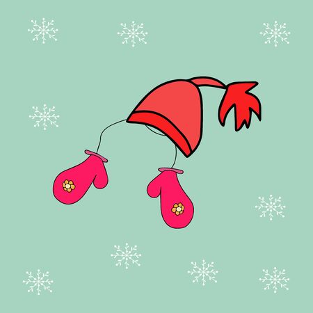 Vector with Warm winter hat and mittens in doodle style. Vector hand drawn illustration.のイラスト素材