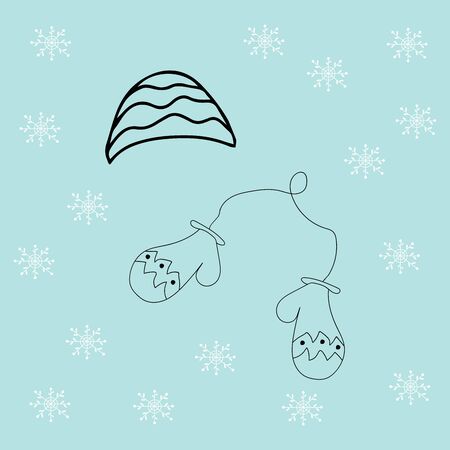 Vector with Warm winter hat and mittens in doodle style. Vector hand drawn illustration.のイラスト素材
