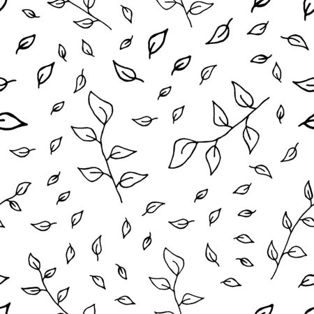 seamless pattern forest leaves hand drawn vector. autumnal garden leaf Isolated on white background. Botanical forest plants or september october tree foliageのイラスト素材