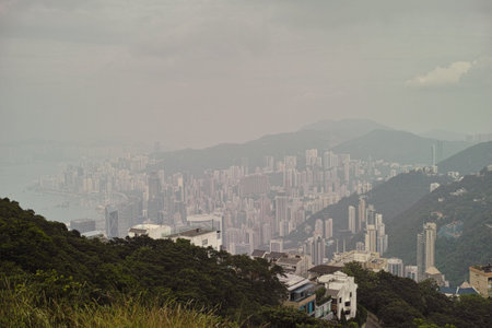 View from Cape Victoria on Hong Kong. Hong Kong Special Administrative Region of the People's Republic of China, is a city on the southern coast of China at the Pearl River Estuary and the South China Seaのeditorial素材