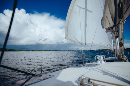 View from the board of a sailing yacht on the waters, sailing ships and the forest growing along the...