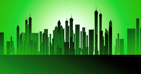 Illustration of group of sky scrappers in moon light.	の写真素材