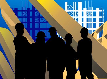 Illustration of silhouette of group of men standing in a construction site	の写真素材