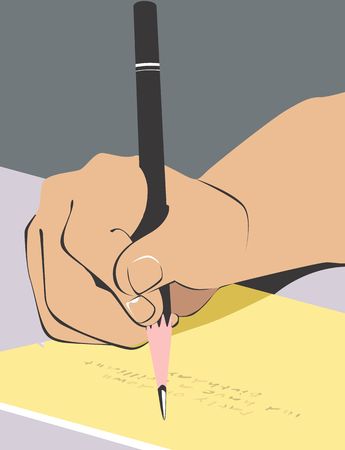 Illustration of writing with a pencil on a yellow paper	の写真素材