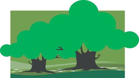 Illustration of two trees in a landscape	の写真素材