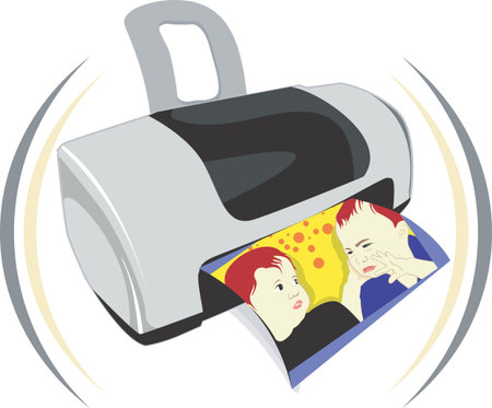 Illustration of a computer printer and prints coming out	