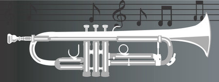 Illustration of a metallic bugle with music notes 	