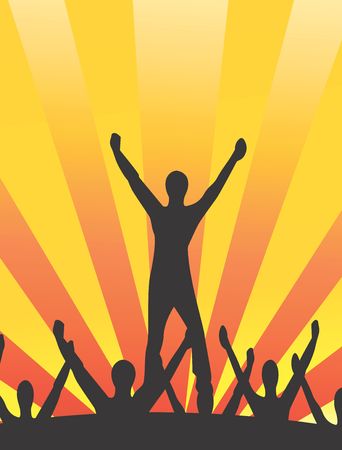 Illustration of silhouette of people with hands up in yellow radiant beam light	の写真素材