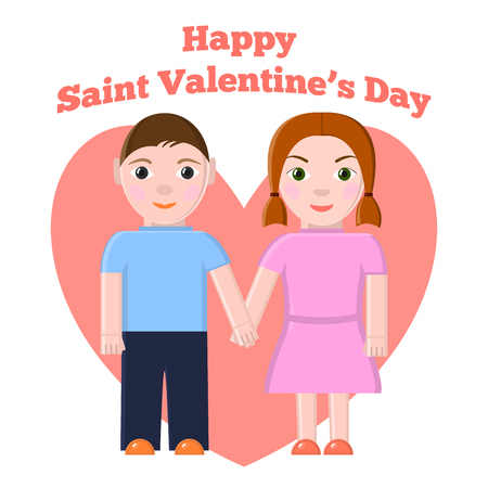 Saint Valentines Greeting Card with Boy and girl holding handsのイラスト素材