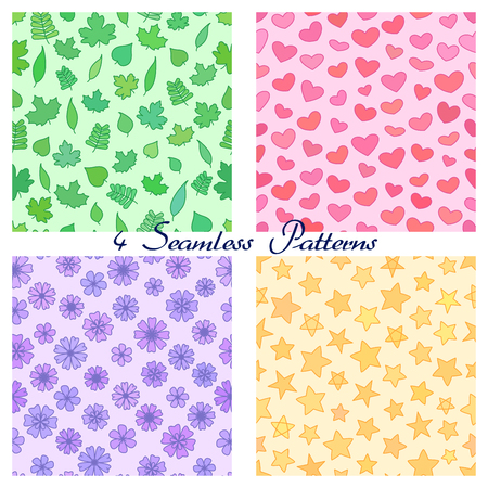 Set of four seamless patterns with outline leaves, hearts, stars and flowers.のイラスト素材