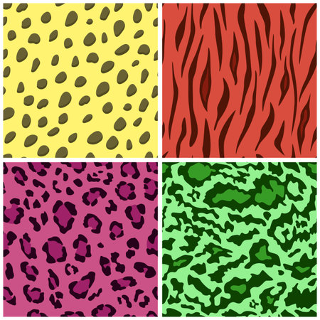 Set of seamless animal fur bright color patterns, vector feline or cat backgroundの写真素材