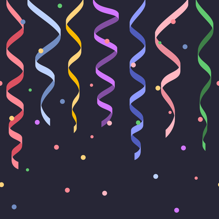 Seamless decorative serpentines with confetti, colorful ribbons on dark background, vector illustration, footer and banner for decorationのイラスト素材