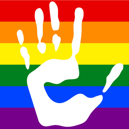Hand stamp on colored in rainbow colors background, LGBT flag with palm print, vector illustrationのイラスト素材