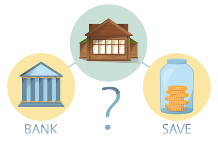 Buying house and property, save money or go to bank, making decision, comparing saving and getting loan, vector illustrationのイラスト素材