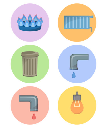 Different types of utilities, facilities icon set, municipal services vector illustration, cold and hot water, trash, gas, electricity, heatingのイラスト素材