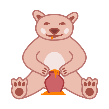 Brown bear eats honey from pot, cute naive vector illustration with outlineのイラスト素材