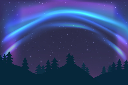 Night sky with aurora over spruce forest, blue northern light with stars, polar light glowing, polar streamers. Vector illustrationのイラスト素材
