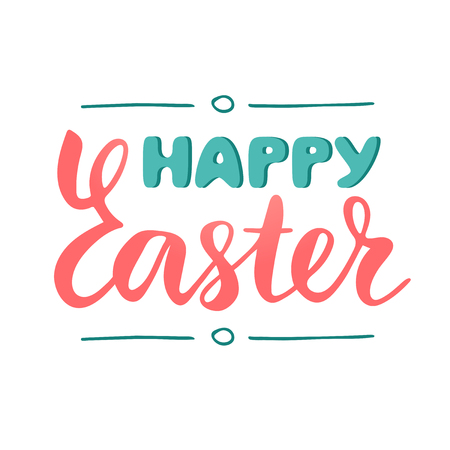 Happy Easter hand drawn lettering, isolated sign to congratulate with Easter, brush calligraphy, text phrase design for banner and greeting cards, vector illustrationのイラスト素材