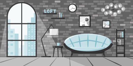 Modern living room in flat style, loft interior concept, apartment in city with big window and brick wall. Vector illustration of home with sofa, lamp, books on shelves, clock in blue and grey colorsのイラスト素材