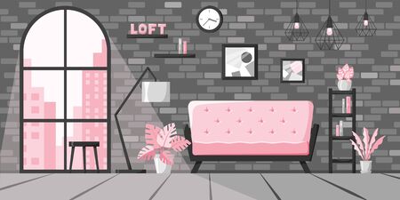 Modern living room in flat style, loft interior concept, city apartment with big window and brick wall. Home vector illustration with sofa, lamp, books on shelf, clock, plants in pink and grey colorsのイラスト素材