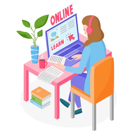 Learning online concept, woman studying online via the internet, learning from home, online education courses, vector illustrationのイラスト素材