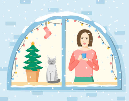 Christmas illustration. Woman standing in front of window and watching snowing. Girl, cat and Christmas tree in window decorated with lamp garland and socks. Winter holidays concept. Flat style vectorのイラスト素材