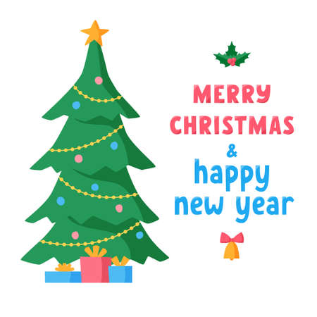 Merry Christmas and Happy New Year lettering with decorated Christmas tree and gifts. Greeting text for winter holidays. Phrase for banners, cards, posters, stickers with decoration. Vectorのイラスト素材
