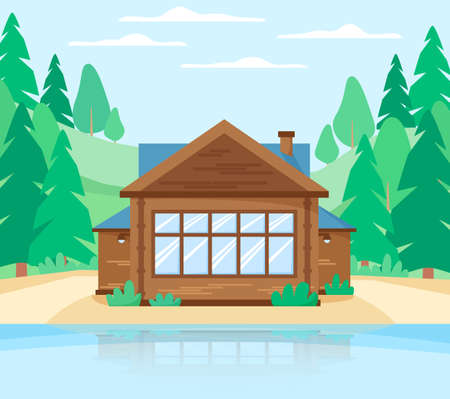 Wooden cottage in forest near lake. country house beautiful landscape with rustic landscape, lake, house and pine treesのイラスト素材