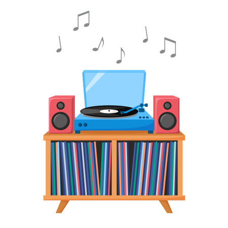 Turntable playing vinyl record. Retro audio device with acoustic system. Analog music player with vinyl collection. Vectorのイラスト素材