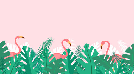 Horizontal repeated pattern with tropical plants and pink flamingos. Summer background with green palm leaves. Simple wallpaper, vector wallpaperのイラスト素材