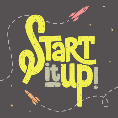 Start it up texture lettering with rockets and stars, sign for start up, launching new, typographic poster, vector conceptのイラスト素材