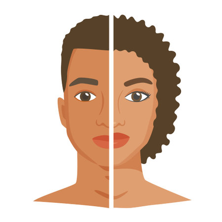 Halves of black woman and man face. Similarity and difference between men and women. Male vs female opposition or social bias. Can be identity searching or change gender concept. Flat style vectorのイラスト素材